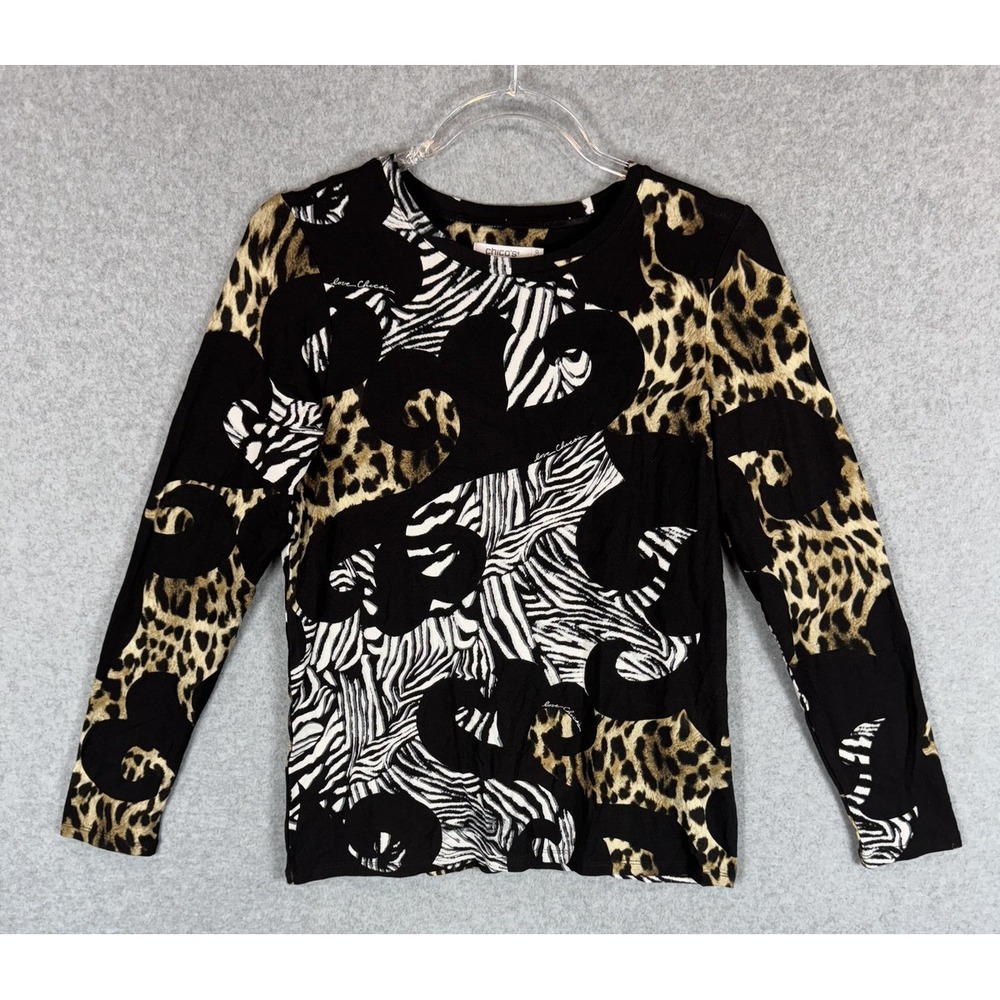 Chicos Shirt Womens Small Animal Print Black White Brown Zebra Leopard Swirl Top